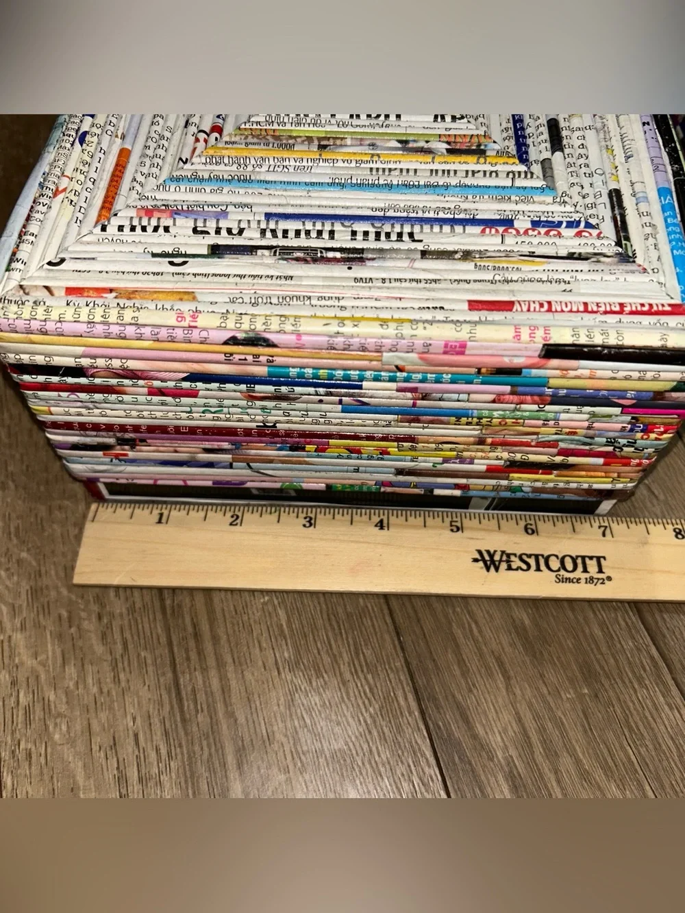 2 Recycled Newspaper Magazine Baskets Storage Bins Eco Friendly Folk Art